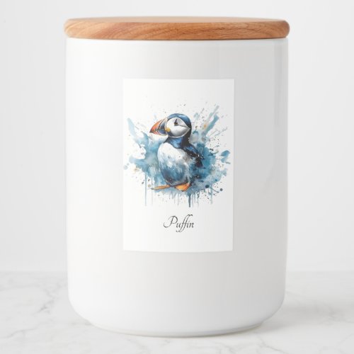 Cute puffin in blue watercolor food label