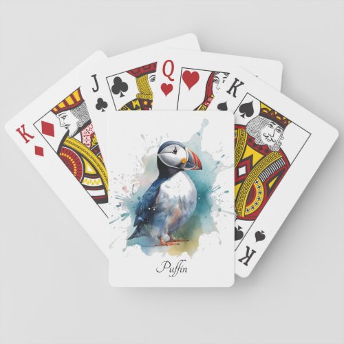 Cute puffin in blue watercolor playing cards