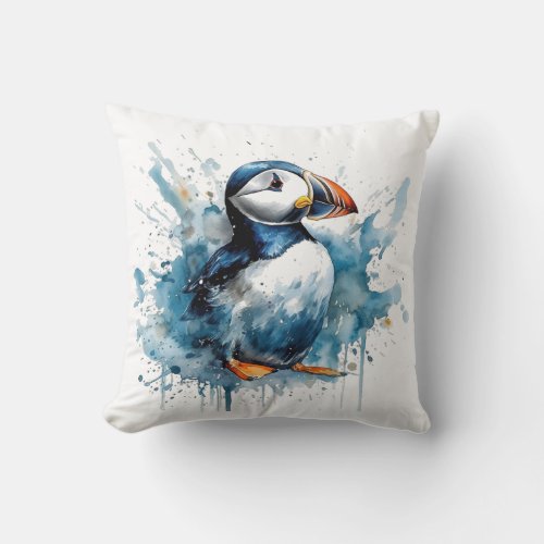 Cute puffin in blue watercolor throw pillow