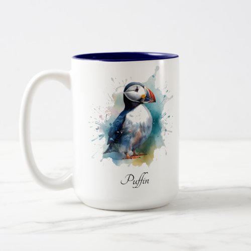Cute puffin in blue watercolor Two_Tone coffee mug