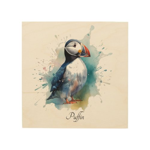 Cute puffin in blue watercolor wood wall art