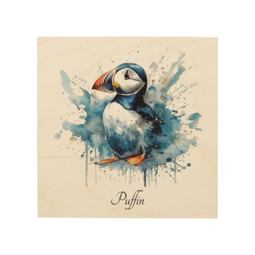 Cute puffin in blue watercolor wood wall art