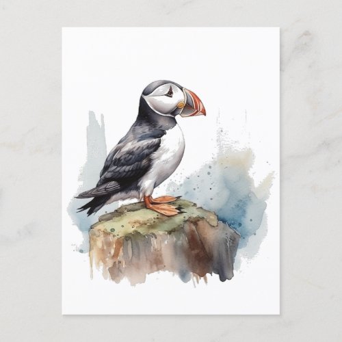 Cute Puffin on a rock in water color Postcard