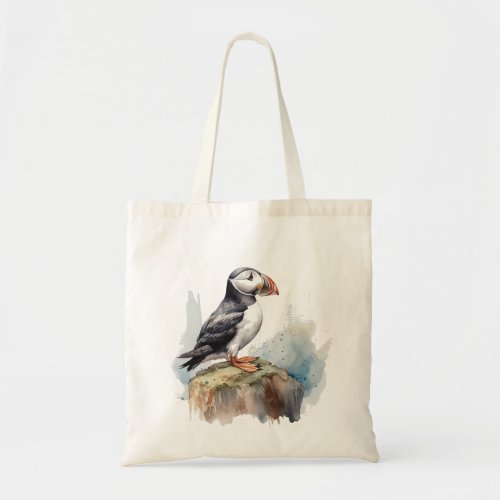 Cute Puffin on a rock in water color Tote Bag