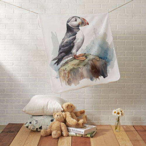 Cute Puffin on a rock in watercolor Baby Blanket