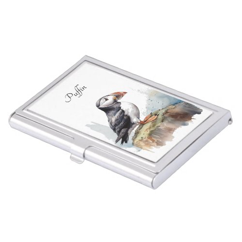 Cute Puffin on a rock in watercolor Business Card Case