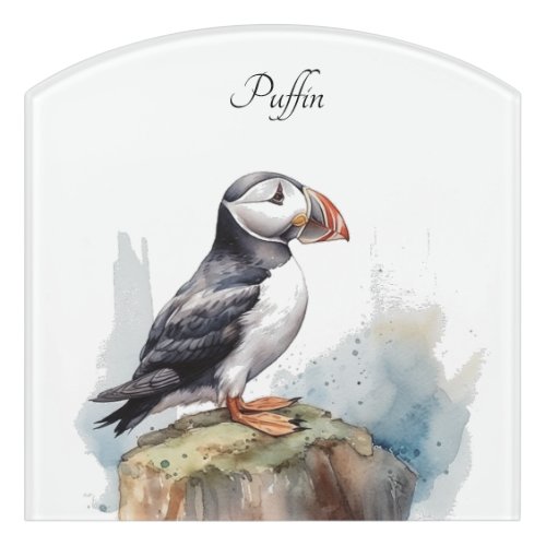 Cute Puffin on a rock in watercolor Door Sign