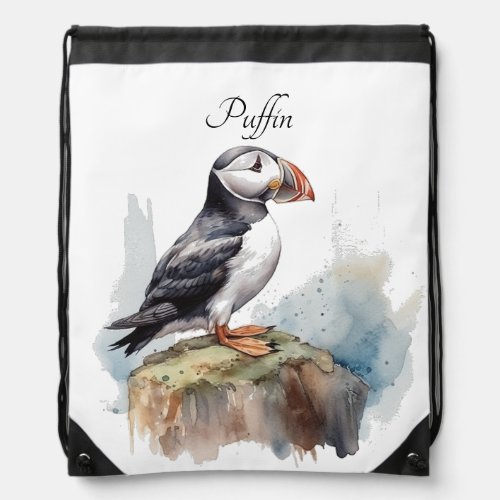 Cute Puffin on a rock in watercolor Drawstring Bag