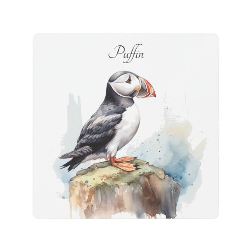 Cute Puffin on a rock in watercolor Metal Print