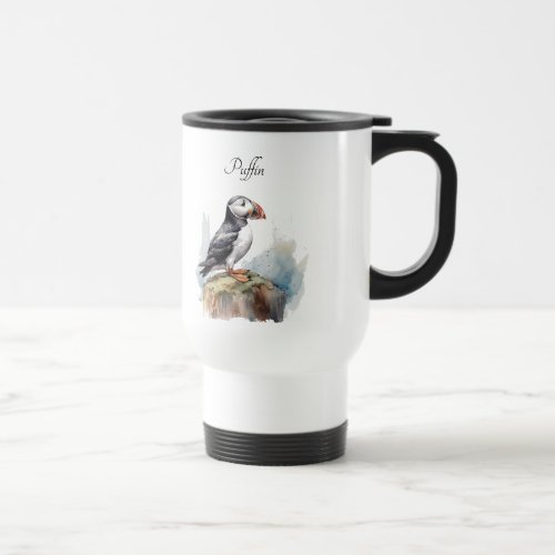 Cute Puffin on a rock in watercolor Travel Mug