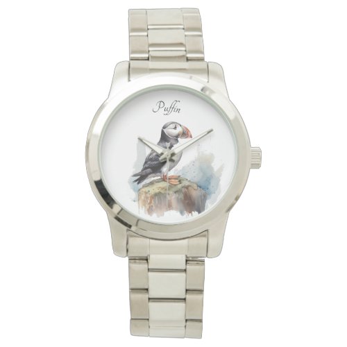 Cute Puffin on a rock in watercolor Watch