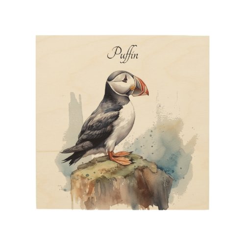 Cute Puffin on a rock in watercolor Wood Wall Art