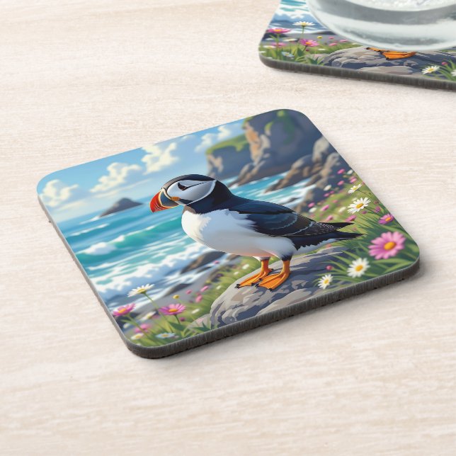 Cute Puffin on the Seashore themed   Beverage Coaster (Left Side)