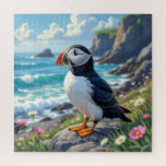 Cute Puffin on the Seashore themed Jigsaw Puzzle<br><div class="desc">A puffin themed puzzle. A beautiful vibrant colorful ai illustration of a puffin watching the ocean waves by the sea shore surrounded by rocks,  dunes and flowers.</div>