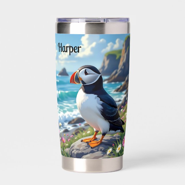 Cute Puffin on the Seashore themed Personalized Insulated Tumbler (Front)