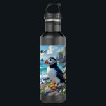 Cute Puffin on the Seashore themed Personalized Stainless Steel Water Bottle<br><div class="desc">A puffin themed personalized tumbler. A beautiful vibrant colorful ai illustration of a puffin watching the ocean waves by the sea shore surrounded by rocks,  dunes and flowers.</div>