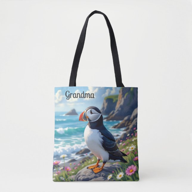 Cute Puffin on the Seashore themed Personalized Tote Bag (Front)