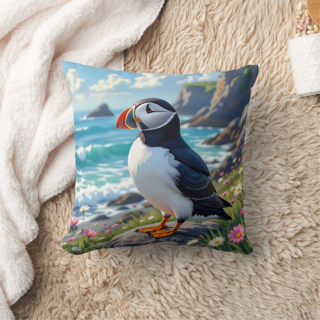 Cute Puffin on the Seashore themed   Throw Pillow (Blanket)