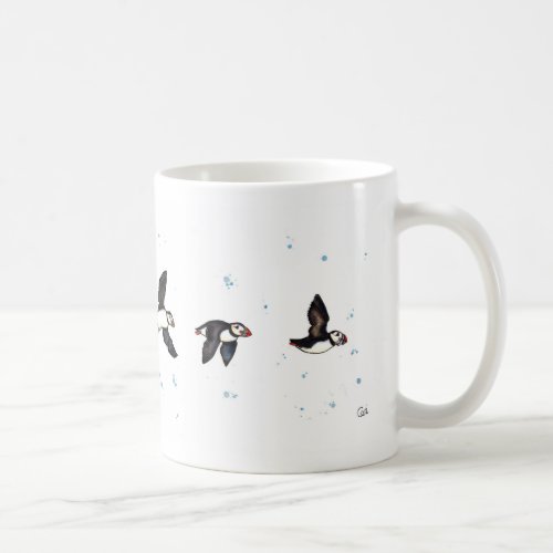 Cute puffins flying coffee mug