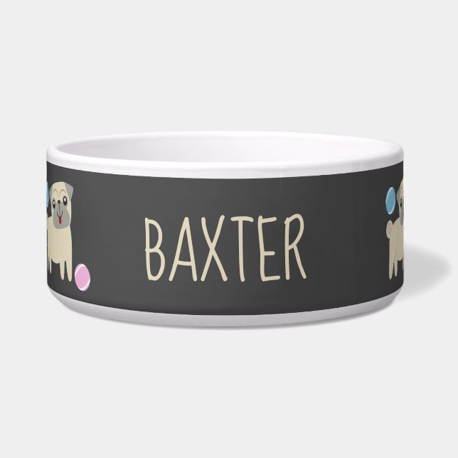 Cute Pug and Balls Pattern Personalised Bowl (Front)