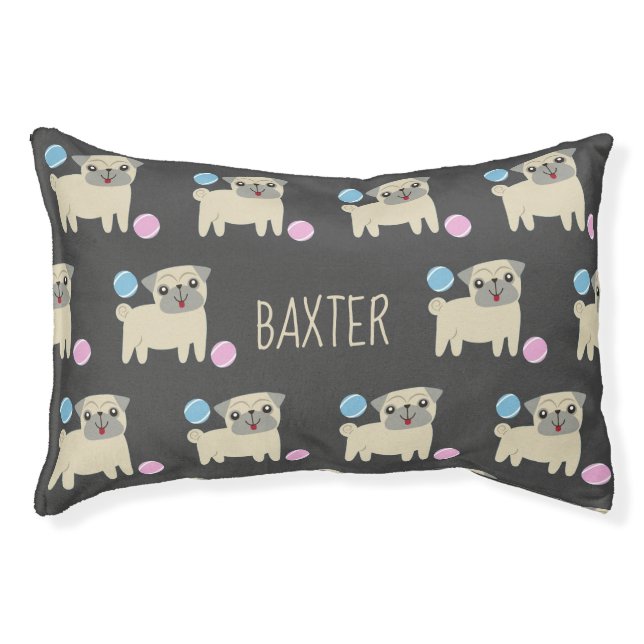 Cute Pug and Balls Pattern Personalised Pet Bed (Front)