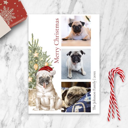 Cute Pug and Christmas Tree Pet Dog Photo Holiday Card