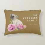 Cute Pug and Peonies | Add Your Family Name Accent Pillow<br><div class="desc">This is a watercolor painting of a puppy pug sitting in the middle of peony flowers. The flowers are starting as a bud on the right and slowly blooming to its fullest as it goes to the left.</div>