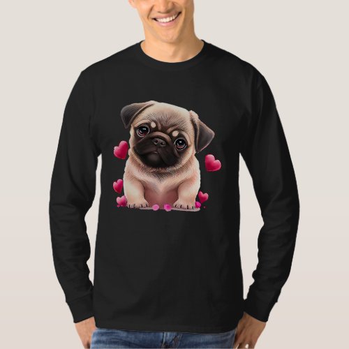 Cute Pug And Pink Heart Valentines Day 2023 T_Shirt