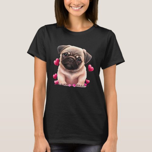 Cute Pug And Pink Heart Valentines Day 2023 T_Shirt