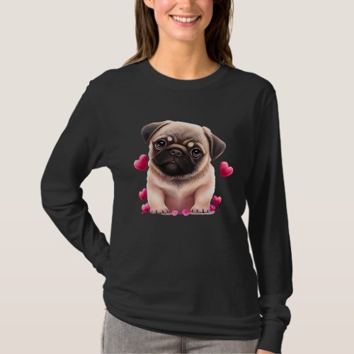 Cute Pug And Pink Heart Valentines Day 2023 T_Shirt