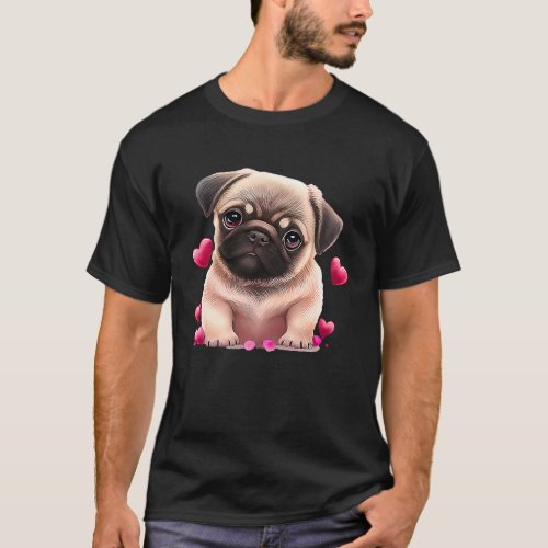 Cute Pug And Pink Heart Valentines Day 2023 T_Shirt