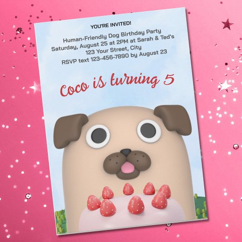 Cute Pug and Strawberry Cake Dog Birthday 3D Invitation