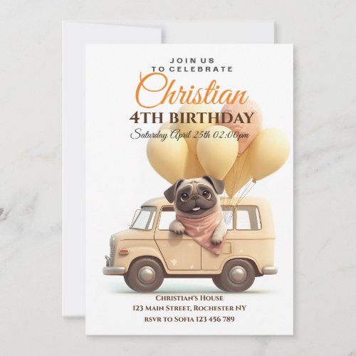 Cute pug Balloons Truck Birthday party Dog Pet Invitation