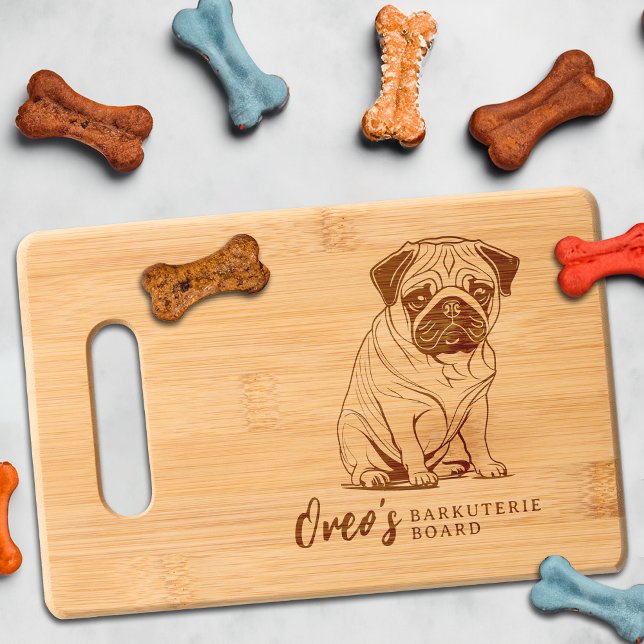 Cute Pug Barkuterie Dog Treat Wood Charcuterie Engraved Cutting Board (Pug Dog Cutting Board Barkuterie Personalized with Dog's Name, Gift for Dog Mom, Dad, Owner)