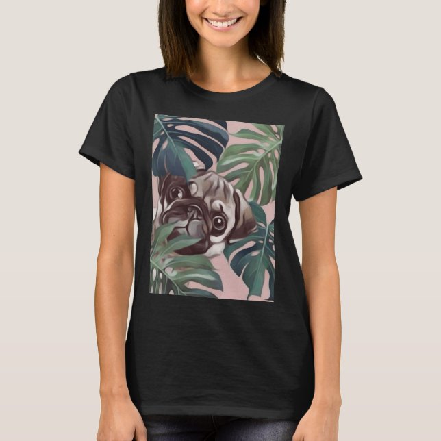 cute pug behind tree leaves  Classic T-Shirt 169 (Front)