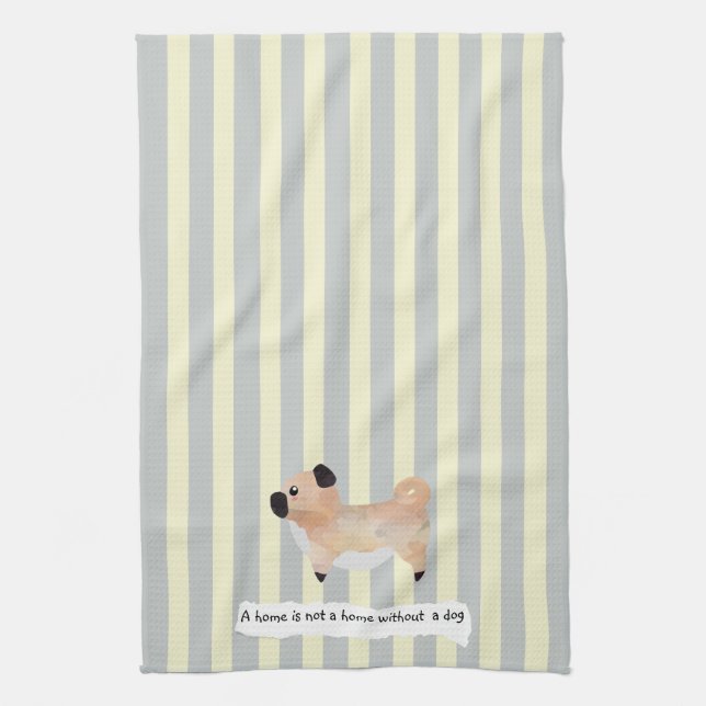 Cute Pug blue and cream striped Kitchen Towel (Vertical)