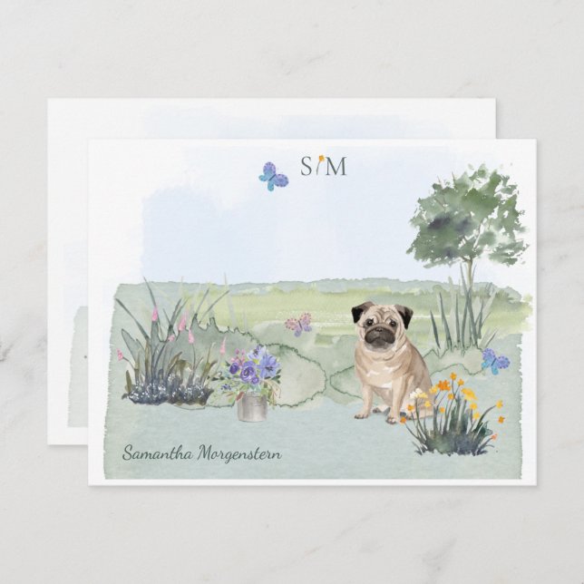 Cute Pug Butterfly Meadow  Monogram & Name     Note Card (Front/Back)
