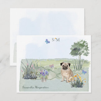 Cute Pug Butterfly Meadow Monogram & Name Note Card