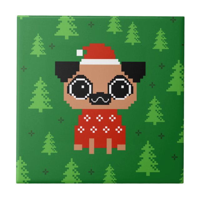 Cute Pug Christmas Holiday Funny Dog Santa Ceramic Tile (Front)
