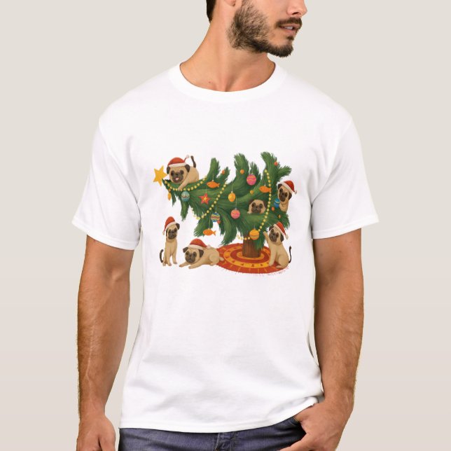 Cute Pug Christmas Tree Scene – Funny Holiday Dogs T-Shirt (Front)