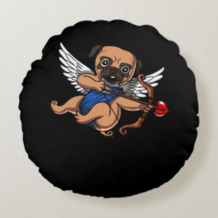 Cute Pug Cupid Dog Round Pillow