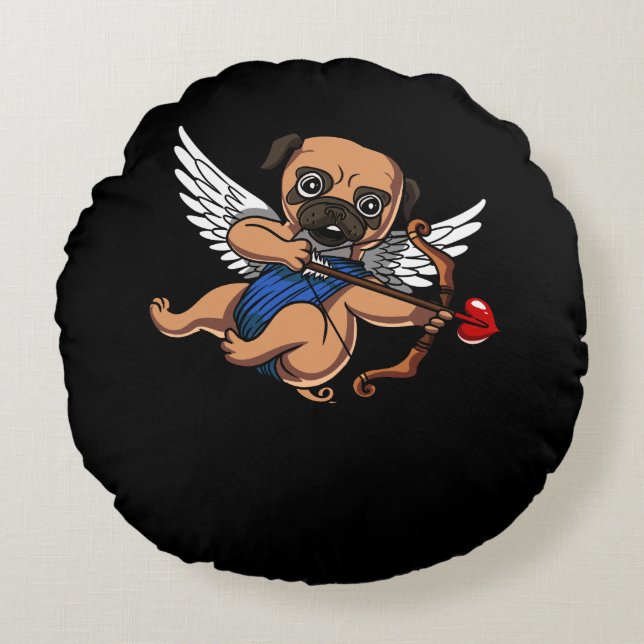 Cute Pug Cupid Dog Round Pillow (Front)