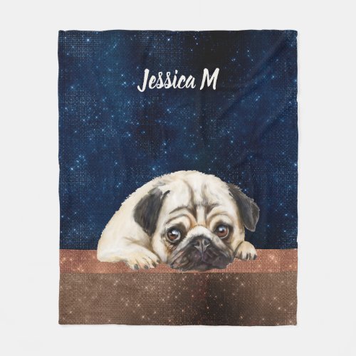 Cute Pug custom text blue_brown modern Fleece Blanket