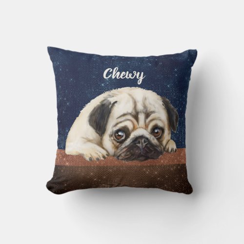 Cute Pug custom text blue_brown modern Throw Pillow