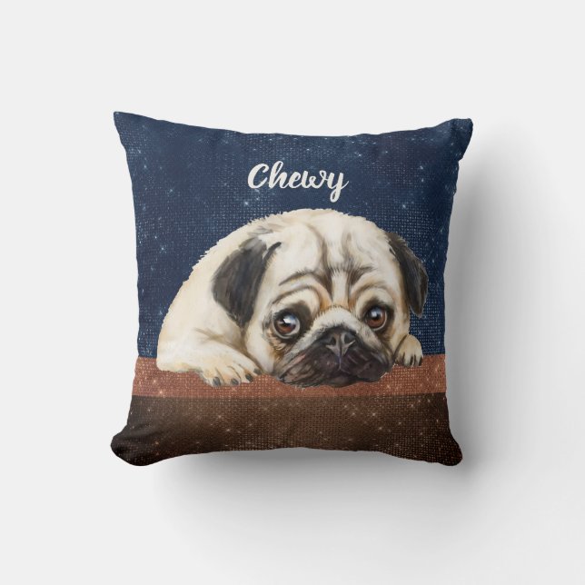 Cute Pug custom text blue-brown modern Throw Pillow (Front)