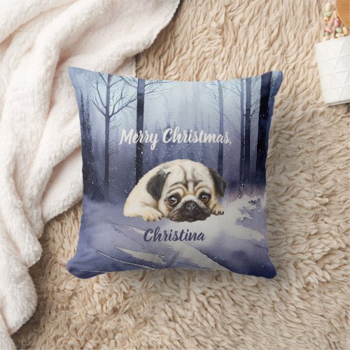 Cute Pug custom text Winter Forest edition Throw Pillow