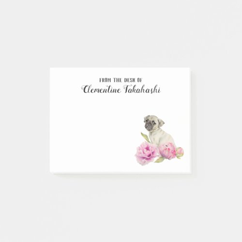 Cute Pug Dog and Flowers  Add Your Name Post_it Notes