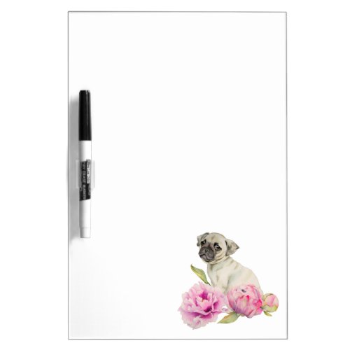 Cute Pug Dog and Peonies  Watercolor Illustration Dry_Erase Board