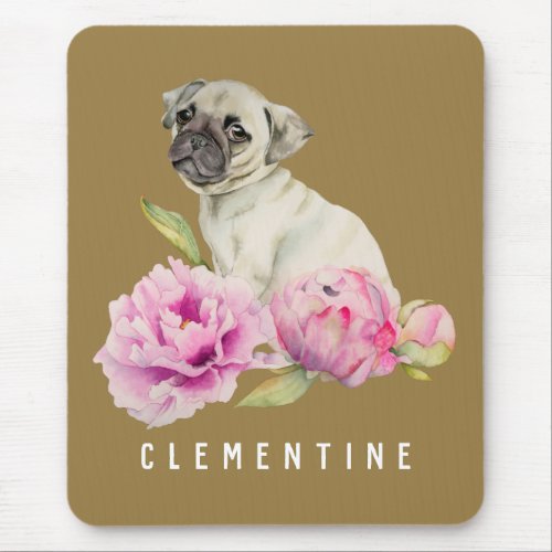 Cute Pug Dog and Peonies Watercolor Mouse Pad