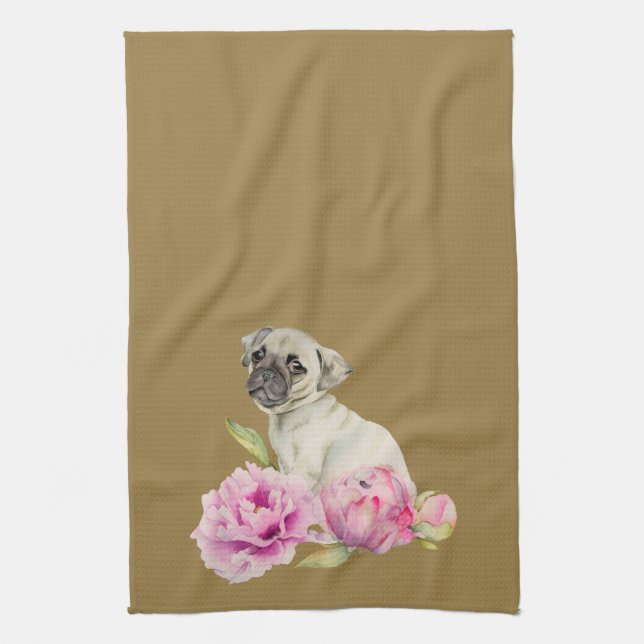 Cute Pug Dog and Peony Flowers Illustration Towel (Vertical)